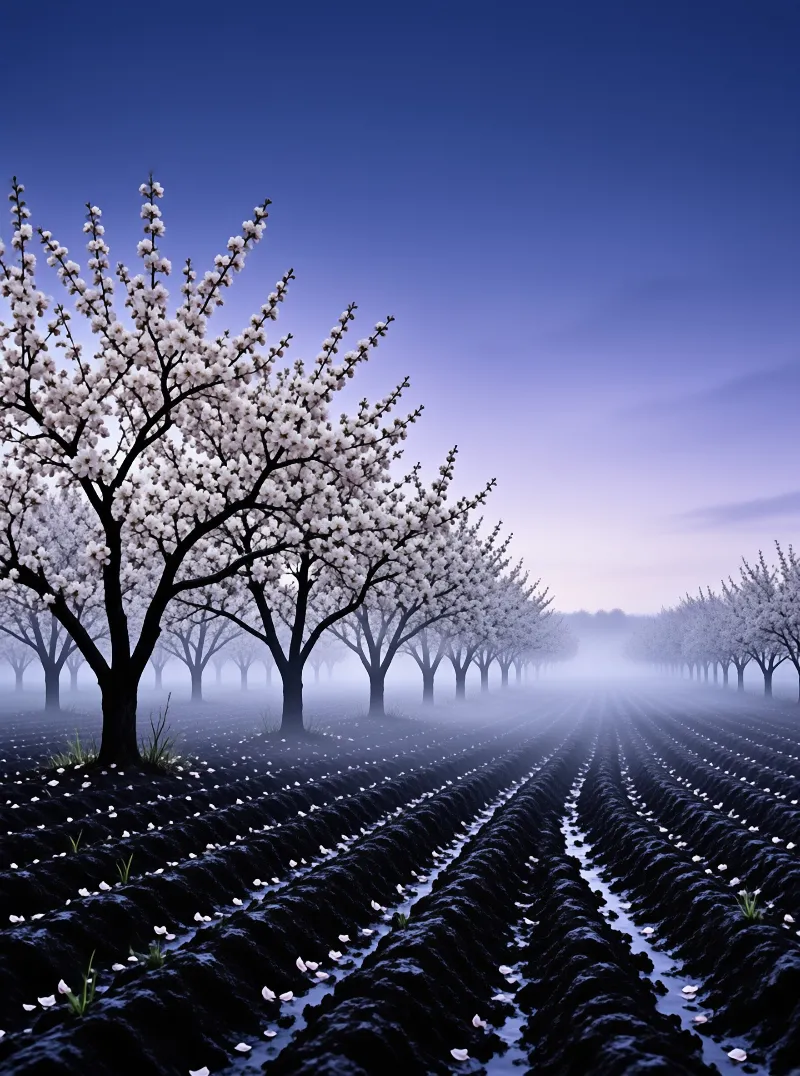Neat rows of white blooming trees emerge from the fog under a deep blue twilight sky.