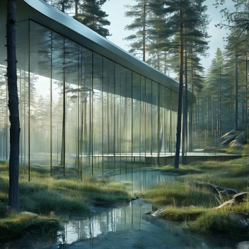 A sleek glass building stands among tall pine trees with a stream reflecting the structure in soft morning light.