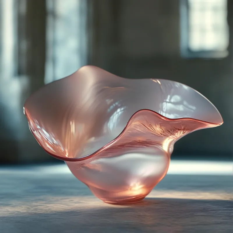 A flowing pink glass vessel rests on a surface with soft sunlight highlighting its translucent curves.