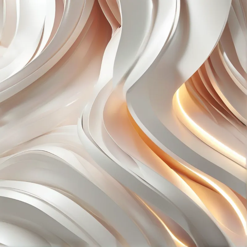 Smooth white forms curve gently while warm golden light shines through the crevices of the abstract shape.