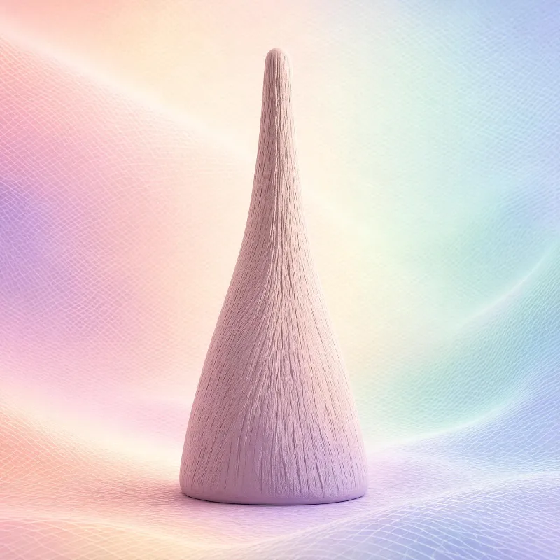 A pink cone-shaped sculpture with textured surface stands against a gradient rainbow background featuring mesh-like patterns.