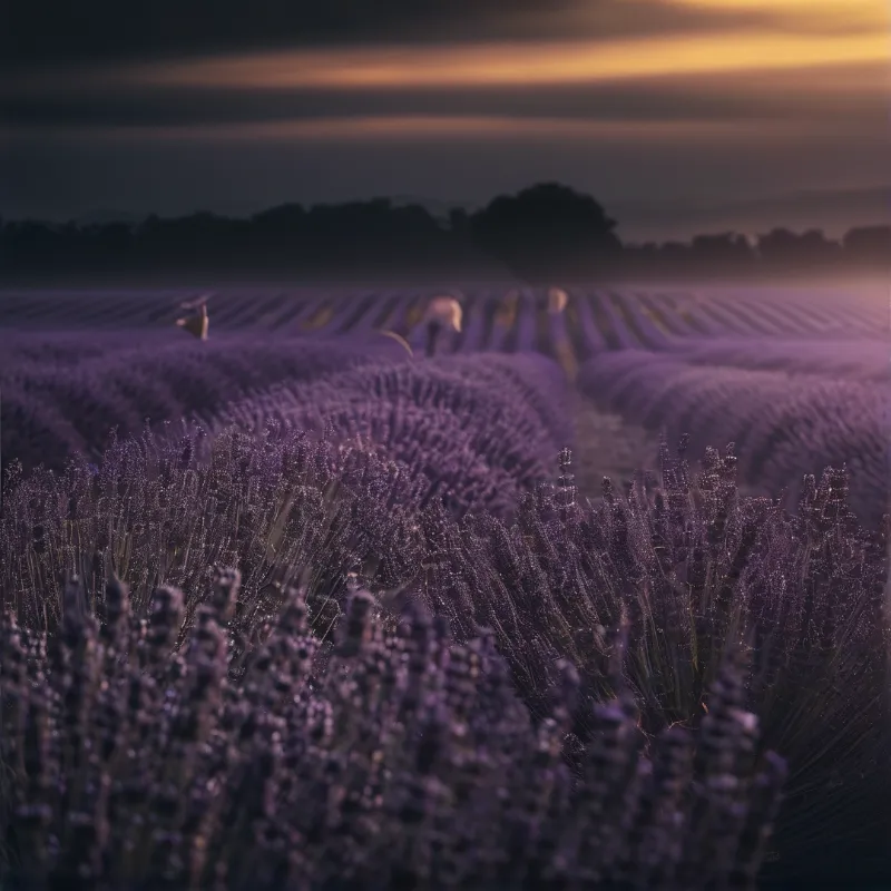 Purple lavender rows extend through a misty field beneath a sky illuminated by sunset light.