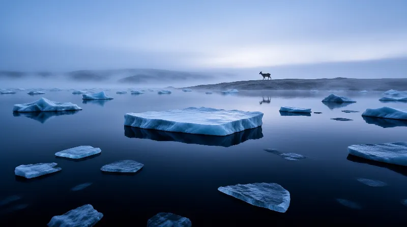 A solitary deer stands on a distant shore surrounded by calm water dotted with floating ice chunks during twilight.