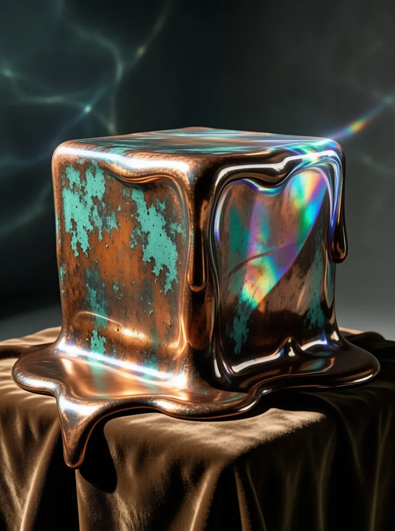 A patinated metal block drips onto a draped dark cloth while reflecting rainbow colored light.