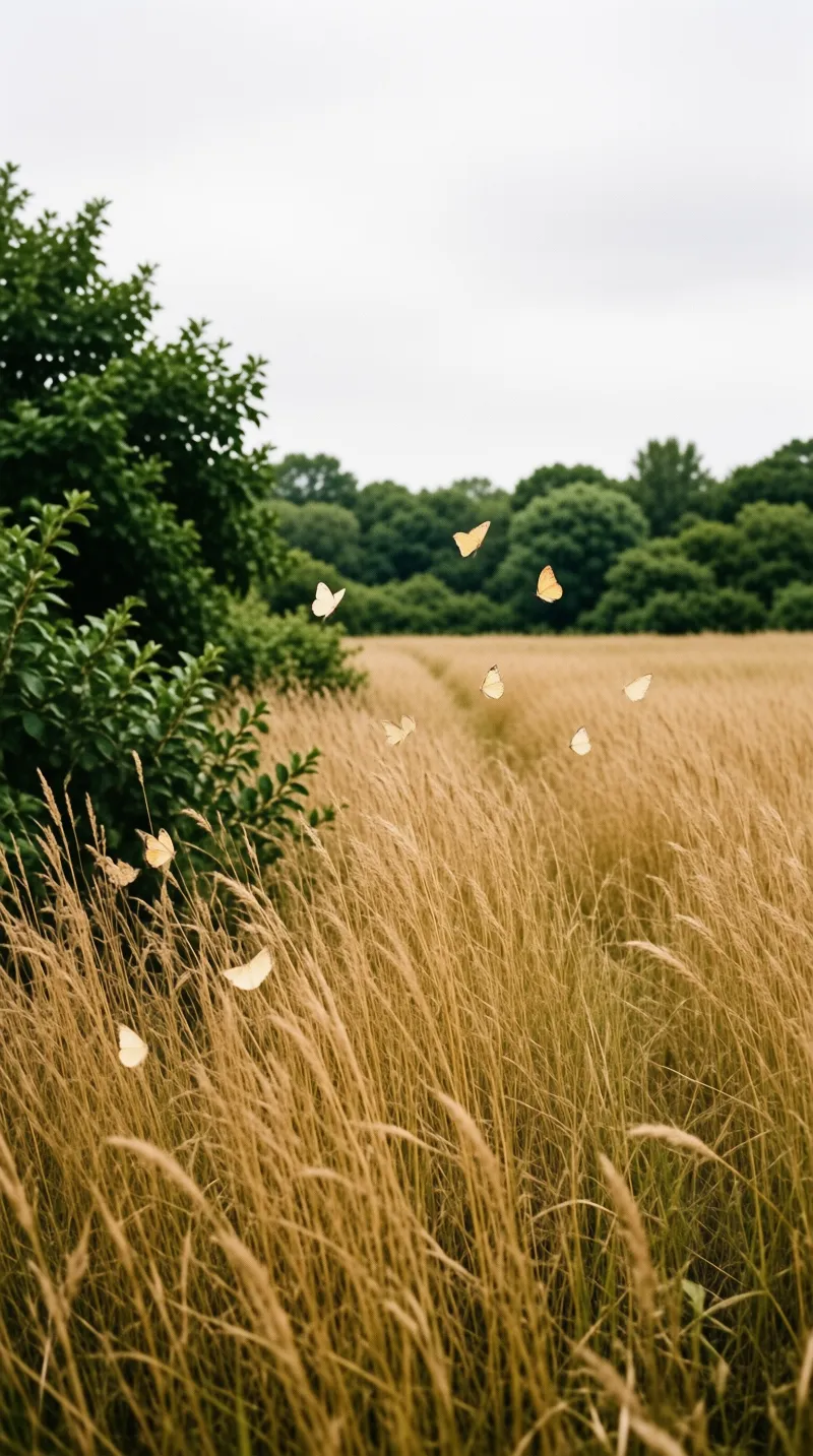 Pale butterflies flutter above a field of tall golden grass bordered by green shrubs and trees.