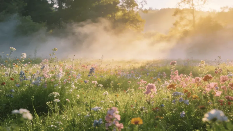 Wildflower Meadow in Morning Mist