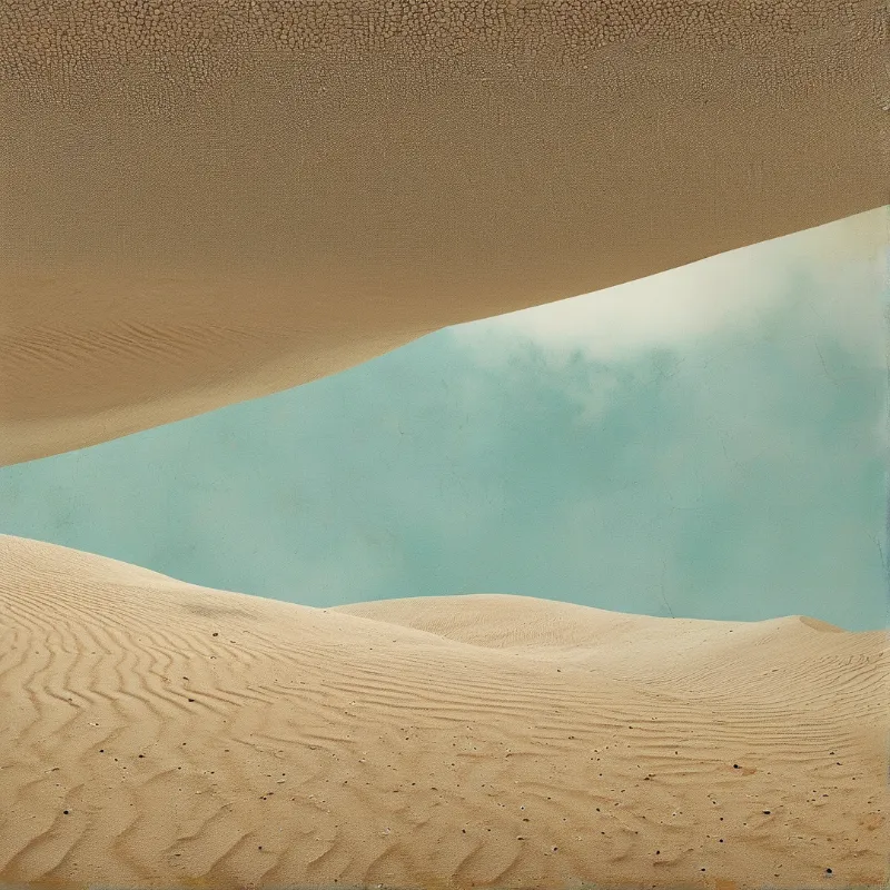 Wind-rippled sand dunes frame a bright turquoise sky in this minimalist desert landscape.