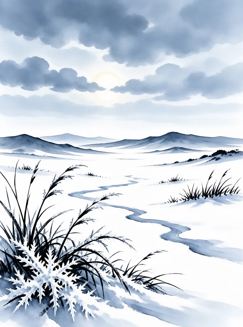 Watercolor landscape showing a winding stream through a snowy plain with rolling hills and a pale sun in the clouds.