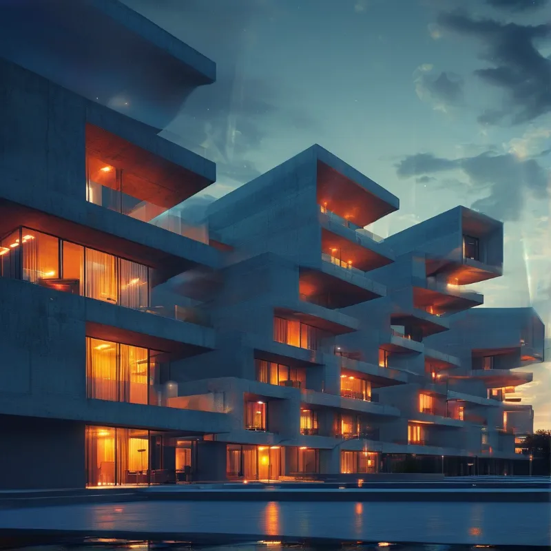 Stacked concrete slabs with glowing amber windows hover above still water that mirrors the blocky evening facade.