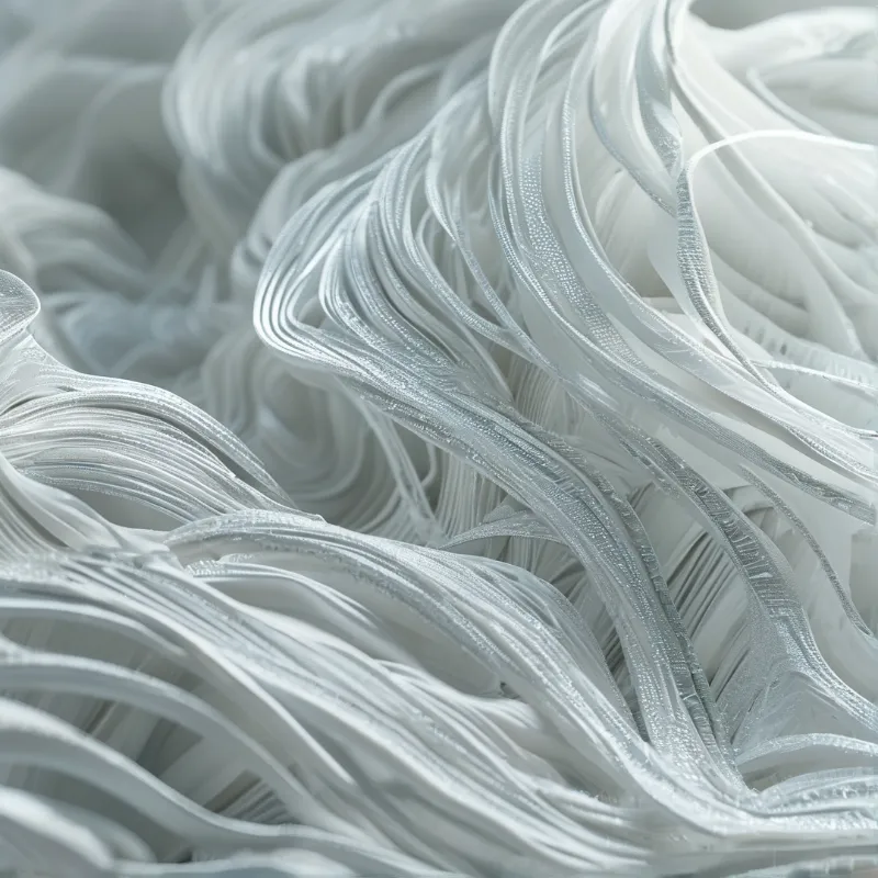 Closeup view of twisted pale silvery metallic fibres arranged in flowing rippling patterns with subtle light highlights across their textured surfaces.