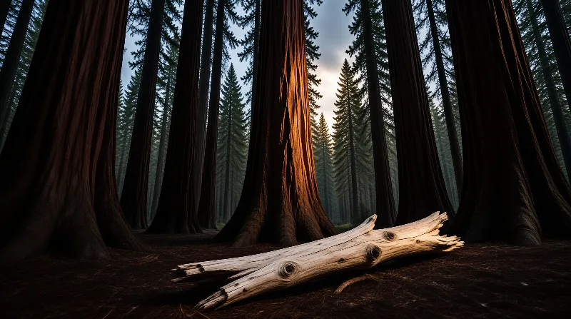 A bleached fallen log lies on the dark ground while warm sunlight highlights the bark of massive redwood trees.