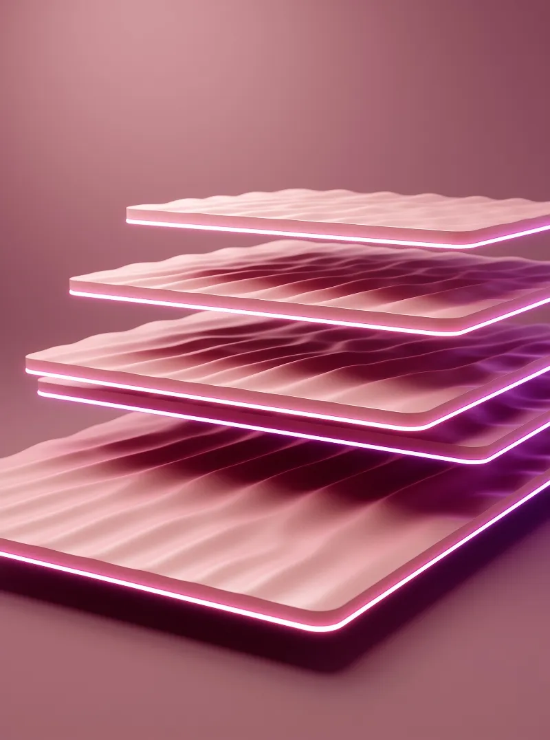 Four undulating rectangular slabs float in a vertical stack against a soft magenta backdrop while bright magenta light strips outline their lower borders creating a layered geometric composition.