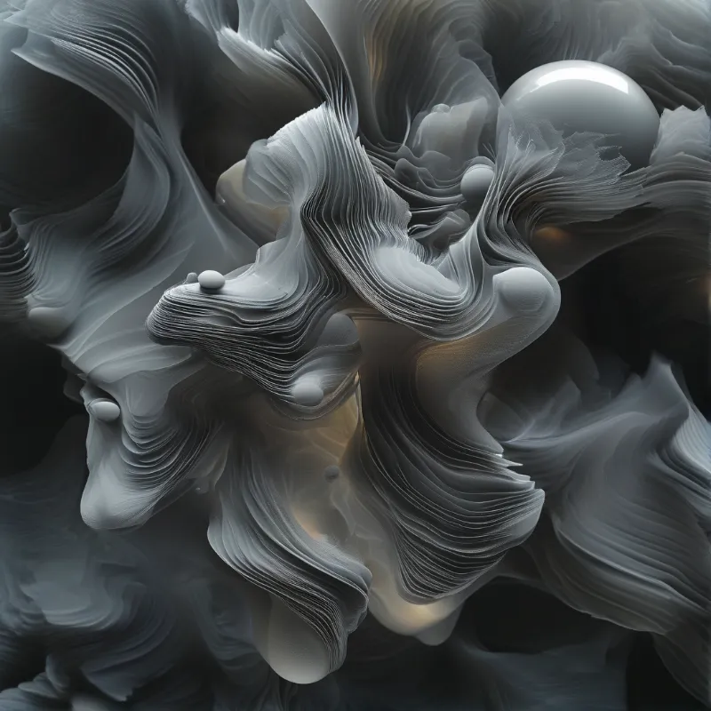 Layered grey ribbons ripple through dark space, wrapping a polished metal ball that catches a thin band of light.