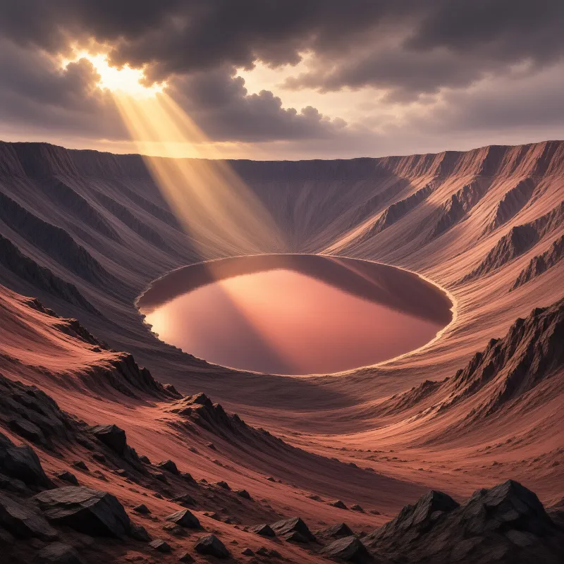 A vast circular crater lake lies within steep reddish slopes as golden sunbeams pierce through heavy dark clouds overhead.