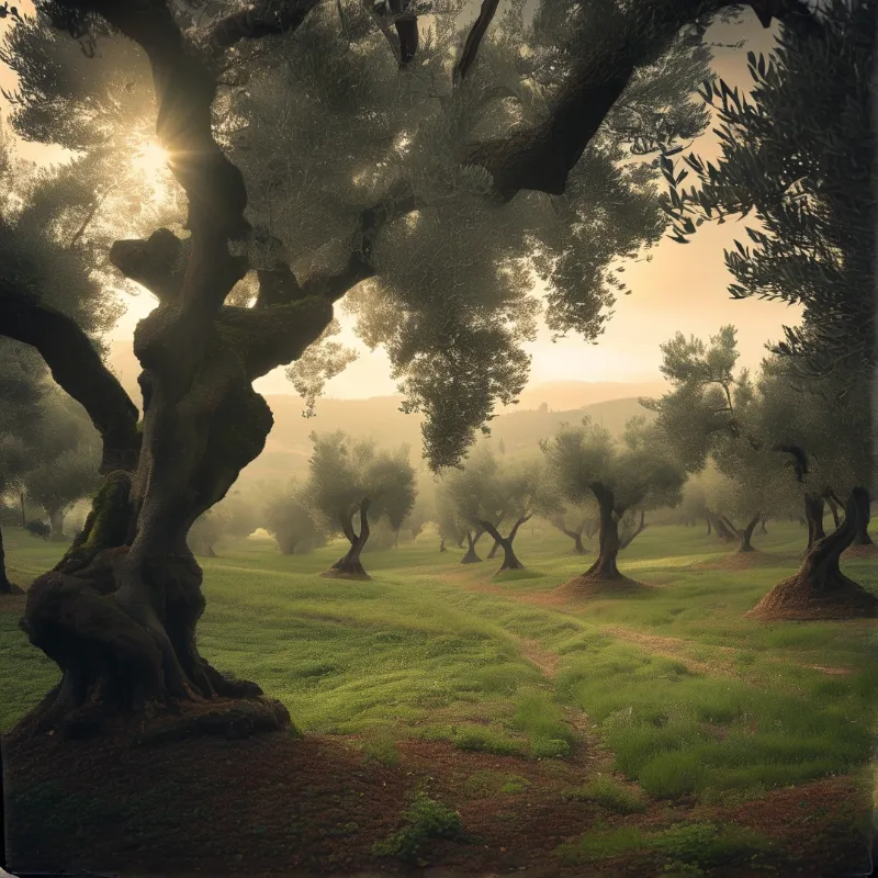 A gnarled old olive tree frames a misty grove of similar trees stretching into hazy distance under warm golden sunrise light.