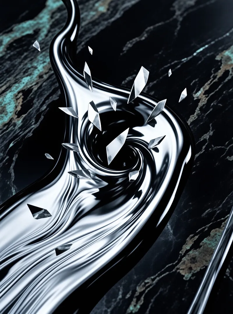 Ribbons of liquid chrome coil across veined stone while faceted glass shards hover above the surface.
