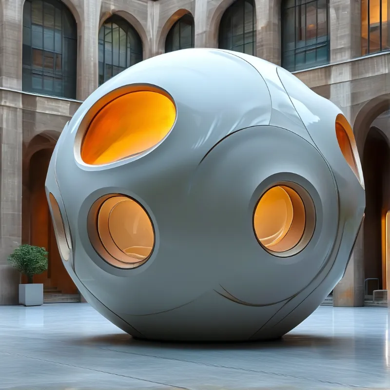 A white spherical sculpture with glowing orange openings sits in a paved courtyard surrounded by stone arches.