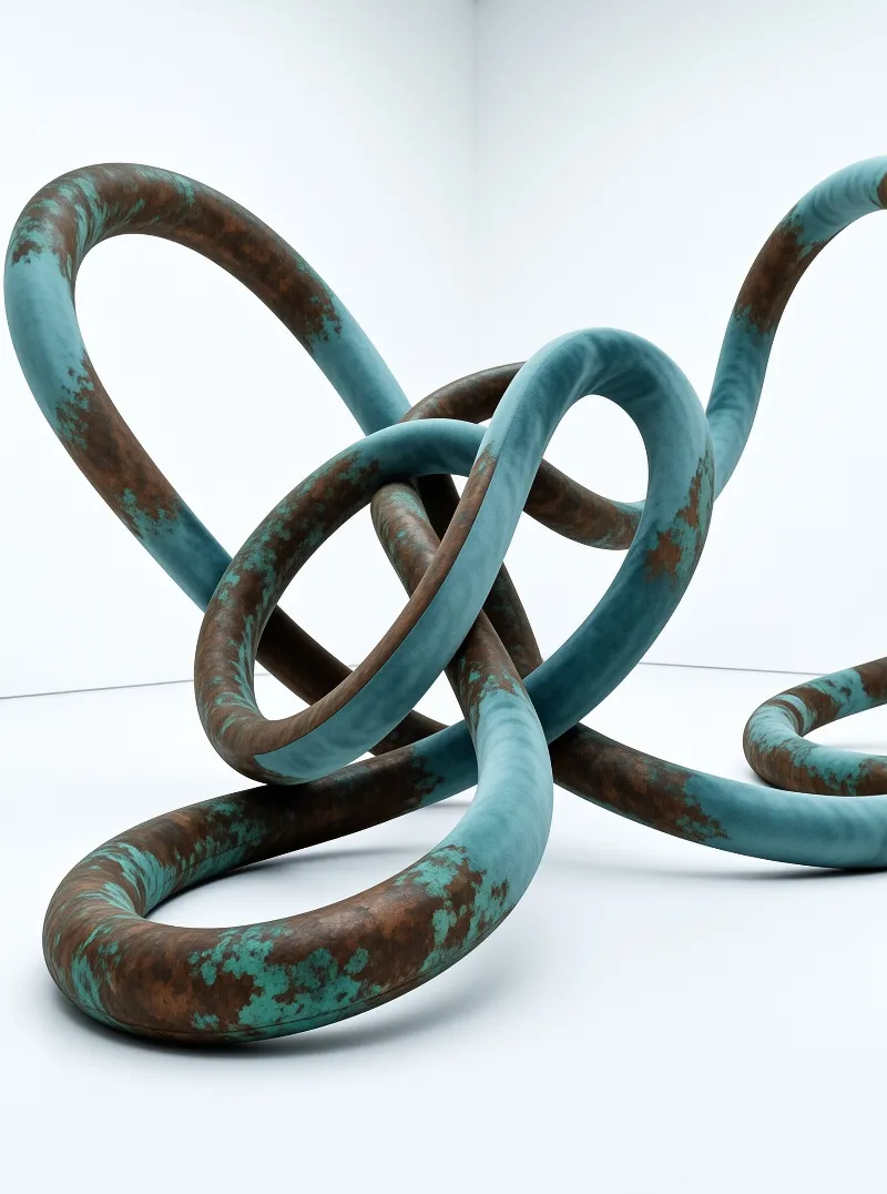 A complex twisted metal form with green patina rests inside a stark minimalist white corner.