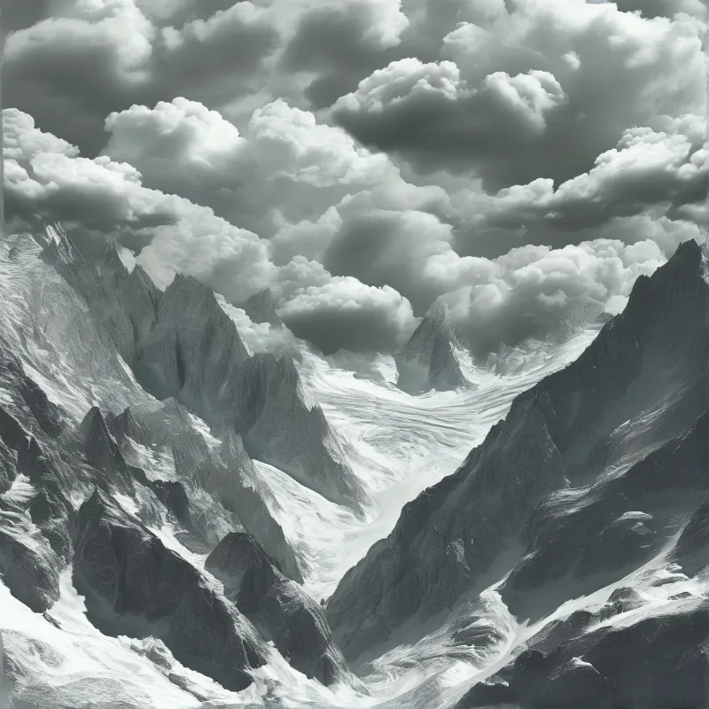 Jagged snowy peaks rise from deep valleys while massive clouds swirl overhead in a high contrast scene.