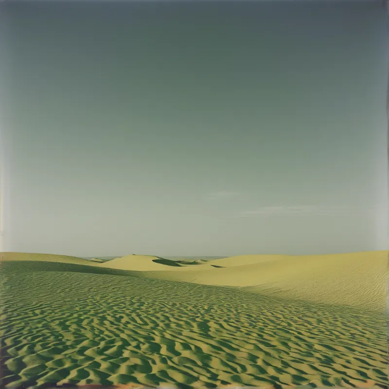 Wind-carved sand dunes stretch across a vast desert under a hazy, gradient sky.