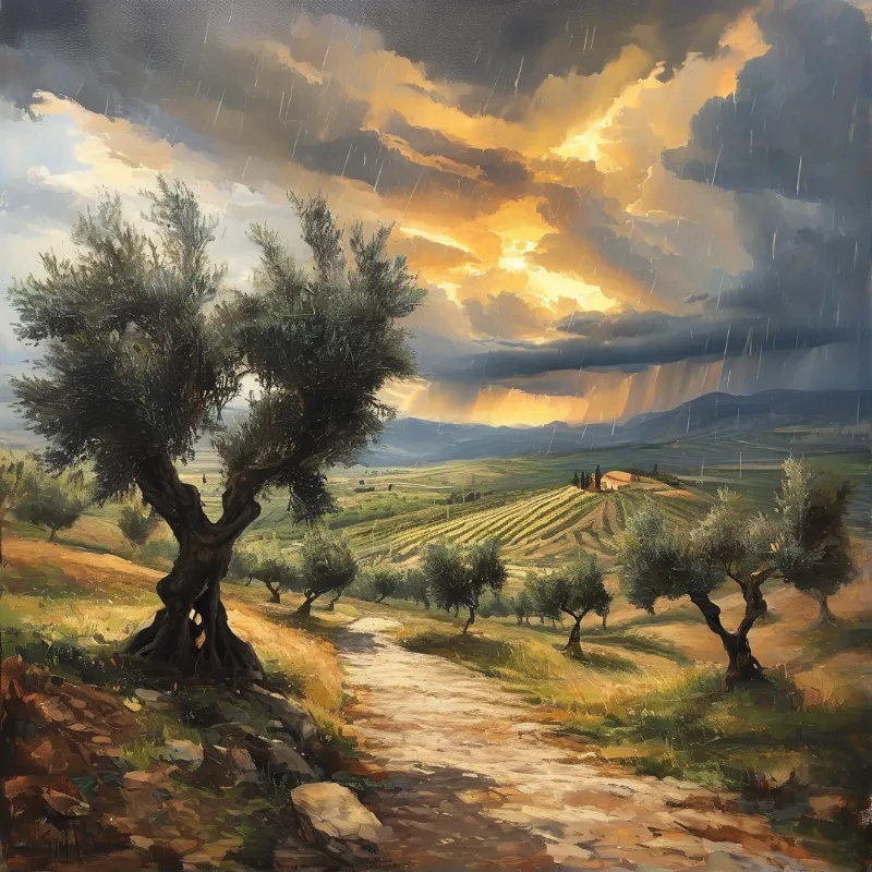 A twisted olive tree stands near vineyards as golden light breaks through dark storm clouds above the hills.