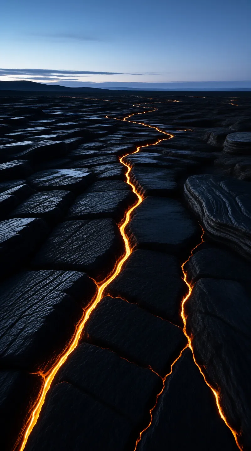 Glowing orange seams wind through a cracked volcanic plateau beneath a deep blue evening sky and distant hills.