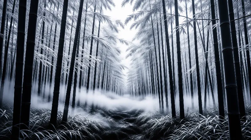 Tall dark bamboo stalks line a misty path that disappears into the foggy distance of the forest.