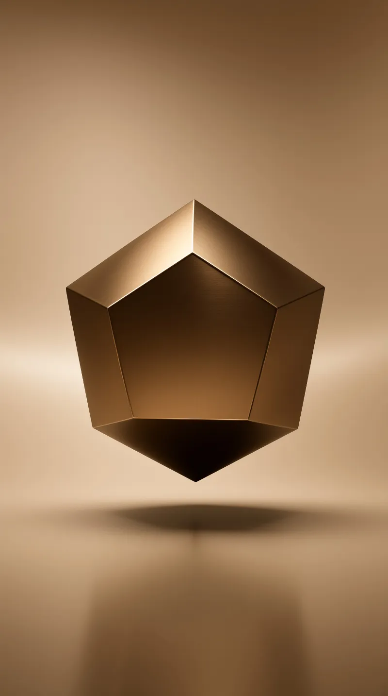A faceted brass-colored solid hangs in midair against a smooth gradient of camel and cream tones.