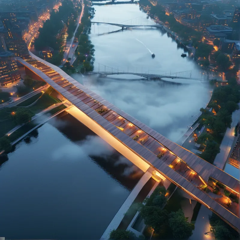An aerial view at blue hour shows a long illuminated footbridge crossing calm water veiled in low fog
