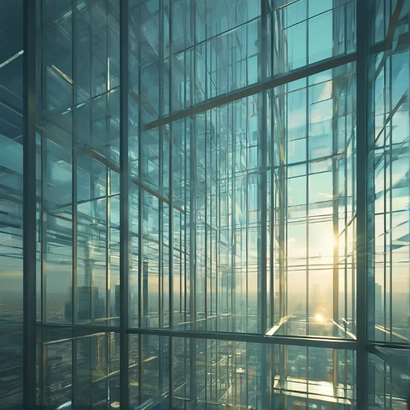 Skyscraper interior floor to ceiling glass walls overlook a sprawling city under warm golden sun with cool blue glass tones.