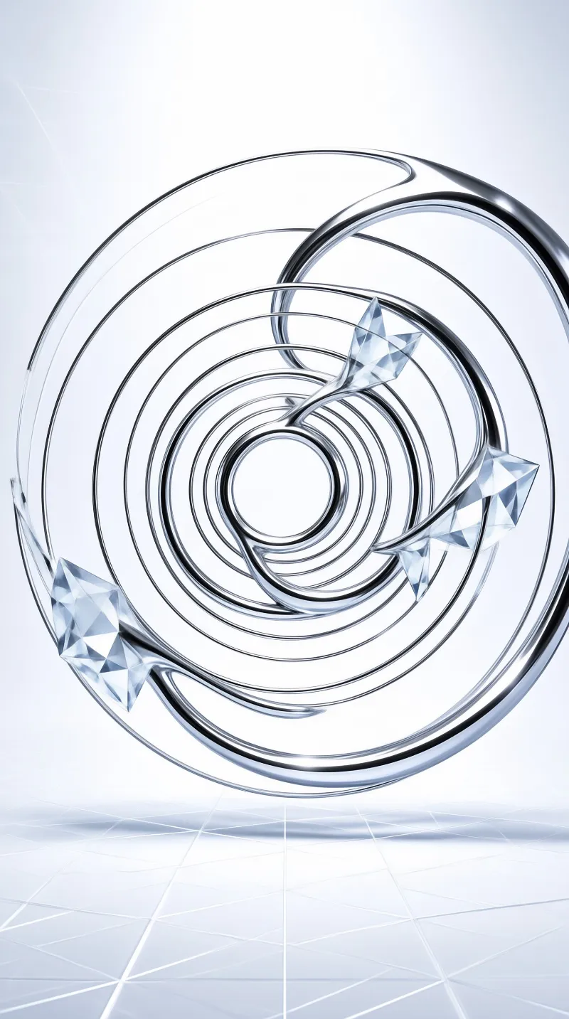 Concentric polished rings nest inside a larger steel loop while faceted glass spikes pierce the curve on pale ground