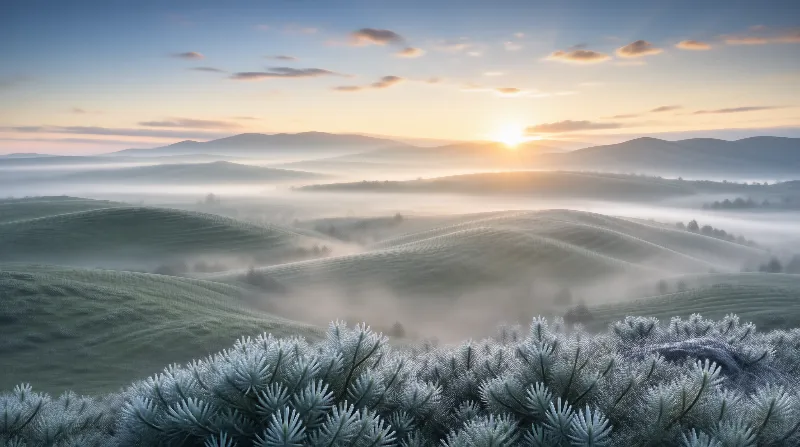 Misty Sunrise Hills Landscape