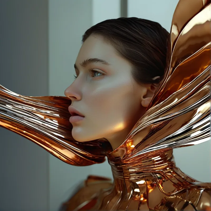 Profile portrait of a female model surrounded by a flowing, metallic rose-gold fabric that reflects the ambient lighting.