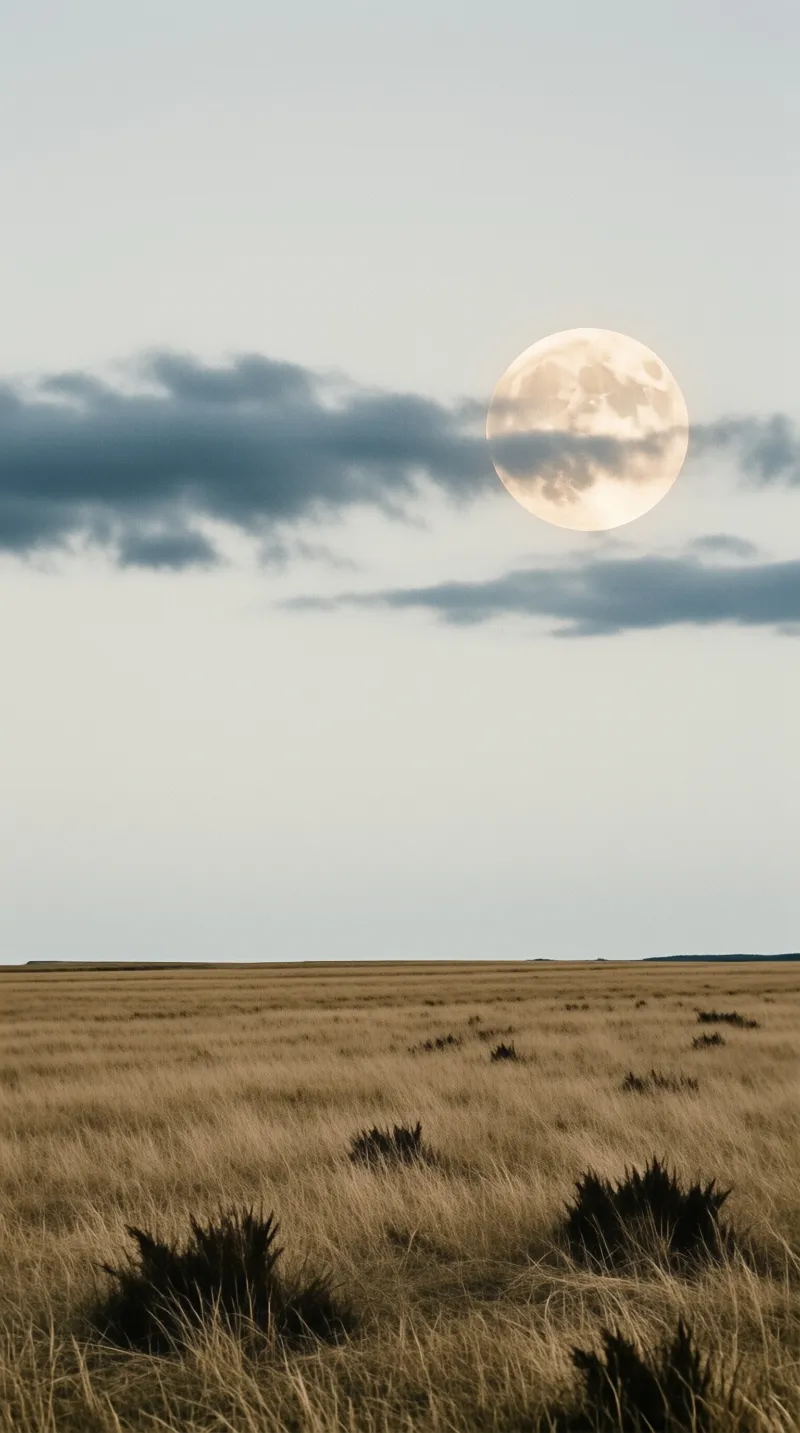 A large full moon hangs above a vast expanse of dry golden grass dotted with dark scrub bushes under drifting clouds.