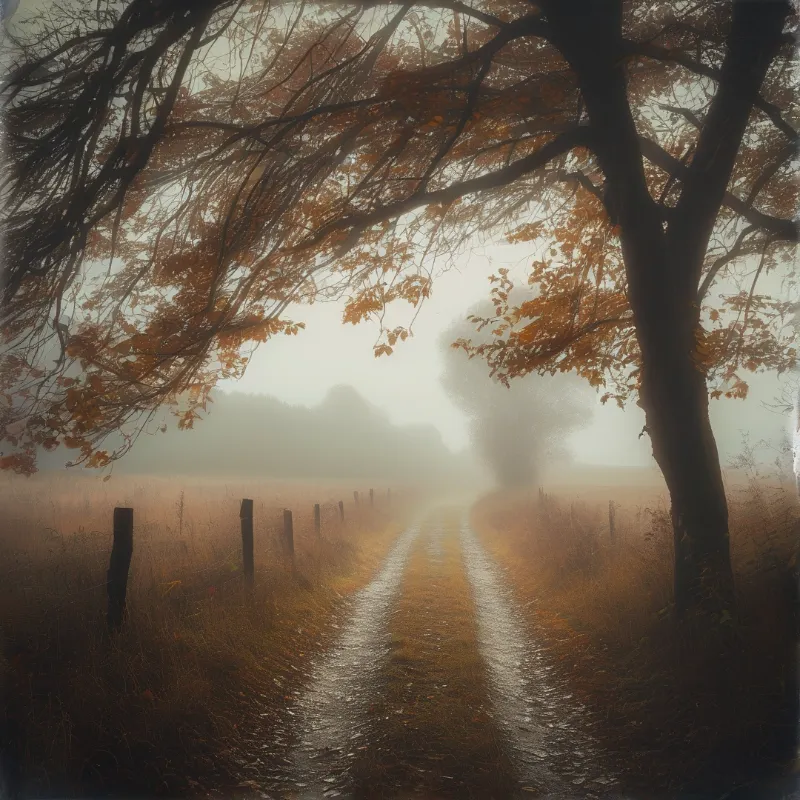 A wet unpaved road winds through a foggy field lined with wooden posts and framed by orange trees.