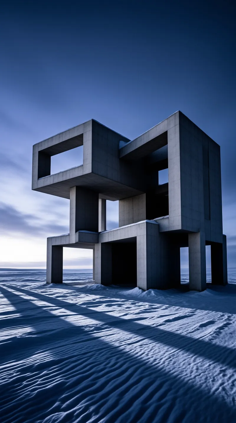 A geometric concrete building stands on a wind-swept snowy plain while blue twilight casts long dark shadows across the textured ground surface.