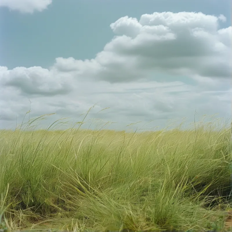Tall swaying wildgrass fills the foreground of an open prairie, above which a pale blue sky holds fluffy cumulus clouds.
