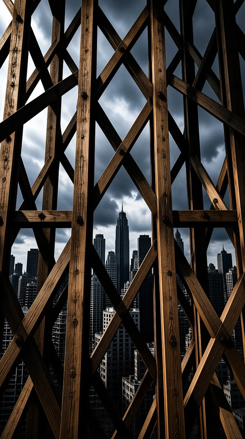 Crossed wooden beams form a geometric foreground looking out onto tall skyscrapers beneath a dramatic cloudy sky.