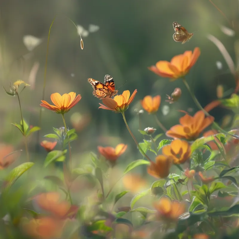 Two painted lady butterflies interact with bright orange cosmos flowers in a softly lit green meadow.