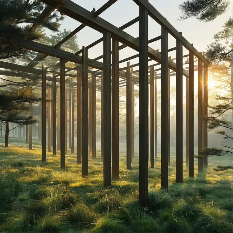 Timber frame structure in misty forest with morning sunlight casting long shadows across grassy ground.