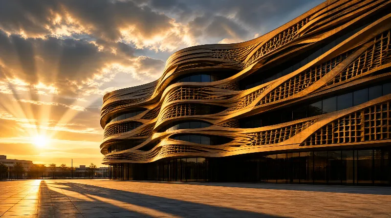 Modern Wave-like Building at Sunset
