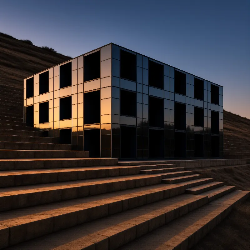 A rectangular glass building sits on a grassy slope with broad steps reflecting the warm twilight sky.