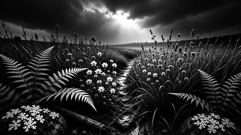 Black and white field scene with ferns and white flowers illuminated by sunlight emerging from dark clouds.