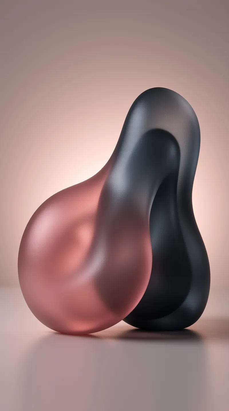 Two smooth biomorphic shapes, one blush pink and one matte black, curve together against a soft peach backdrop.