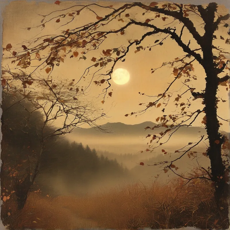 A warm full moon glows through mist above a dark conifer valley framed by bare autumn branches.