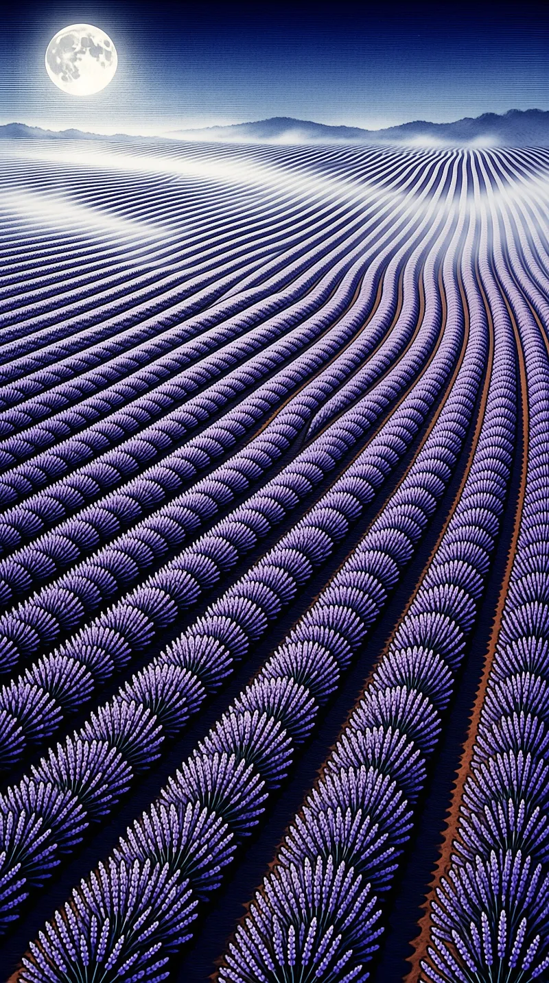 Curved rows of purple lavender extend across a landscape towards distant mountains beneath a large moon.