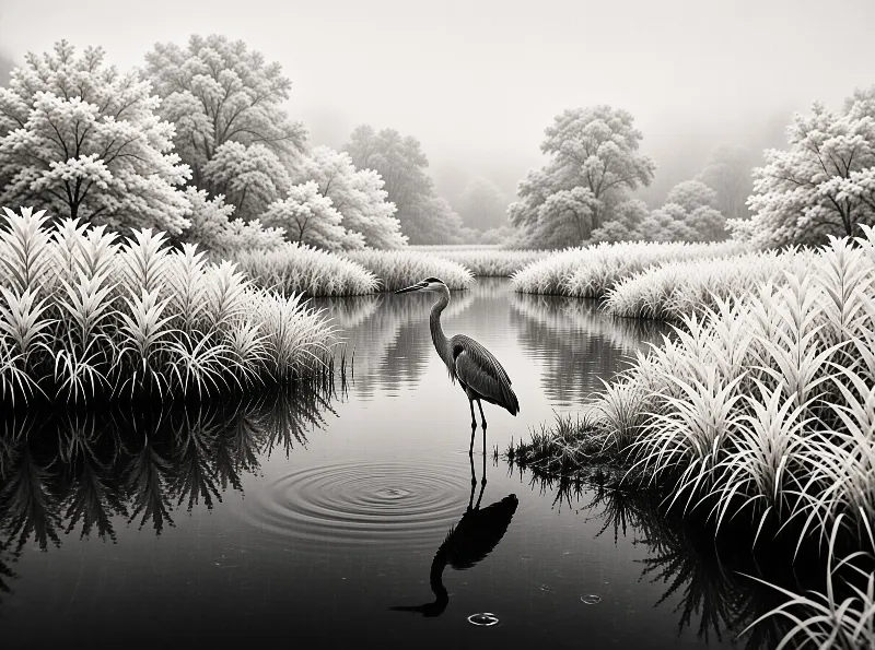 A grey heron stands on calm water surrounded by frosted reeds and trees in a monochrome misty landscape with clear reflections.