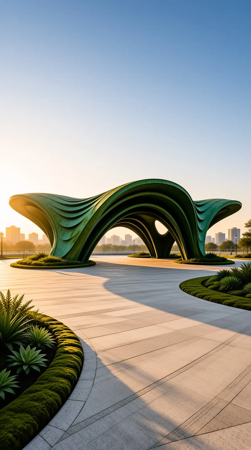 A large green archway structure stands in a paved plaza with city buildings in the background under warm sunlight.