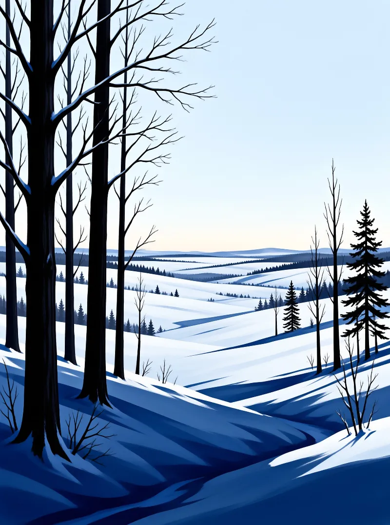 Tall leafless trunks frame rolling snowdrifts where dark pines dot a calm blue winter morning.