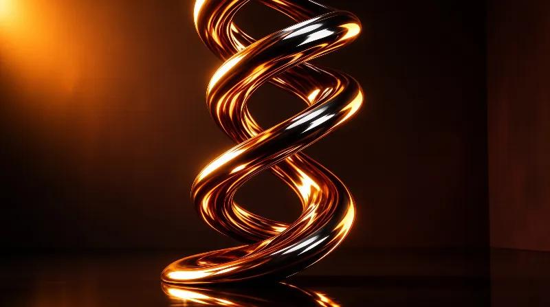 A glossy amber helix structure stands vertically on a reflective black surface under warm lighting.